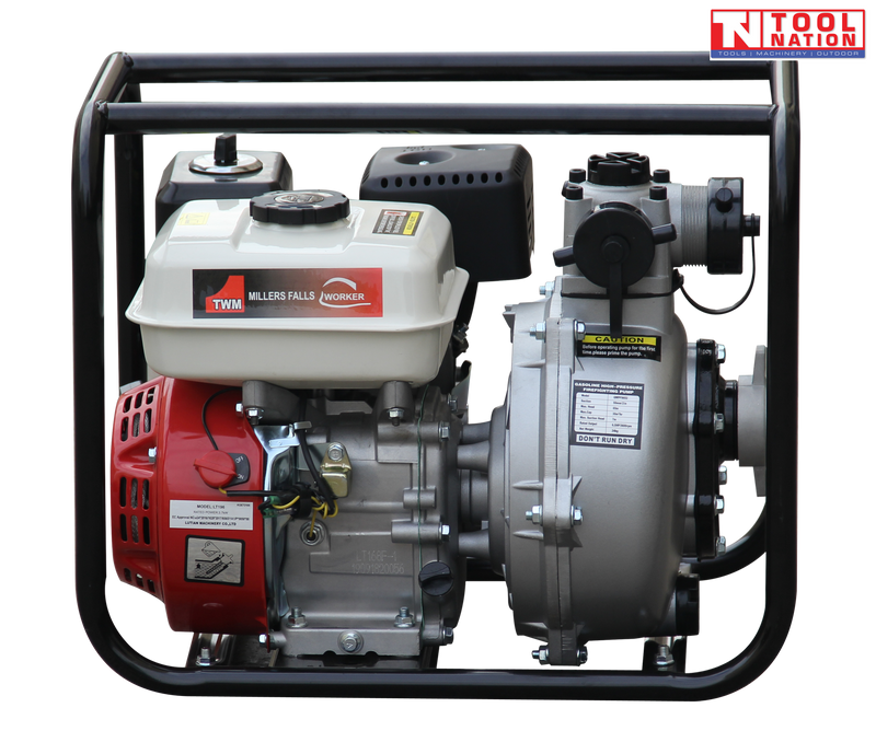 Petrol firefighting pump front view in protective frame