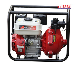 Twin impeller firefighting pump front view in protective frame