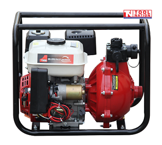 Twin impeller firefighting pump front view in protective frame