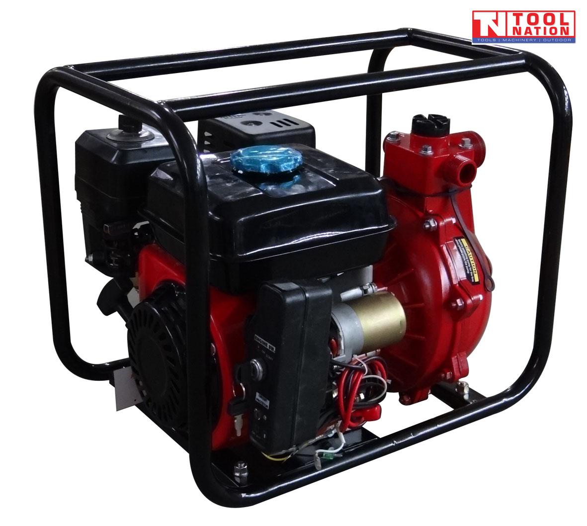 Twin impeller firefighting pump side view in protective frame with battery
