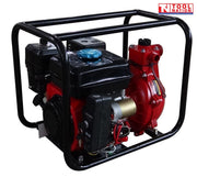 Twin impeller firefighting pump side view in protective frame with battery