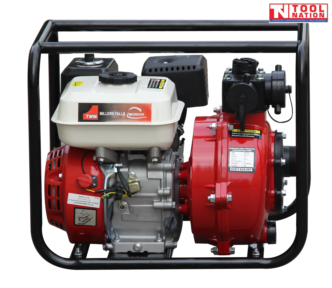 Twin impeller firefighting pump front view in protective frame