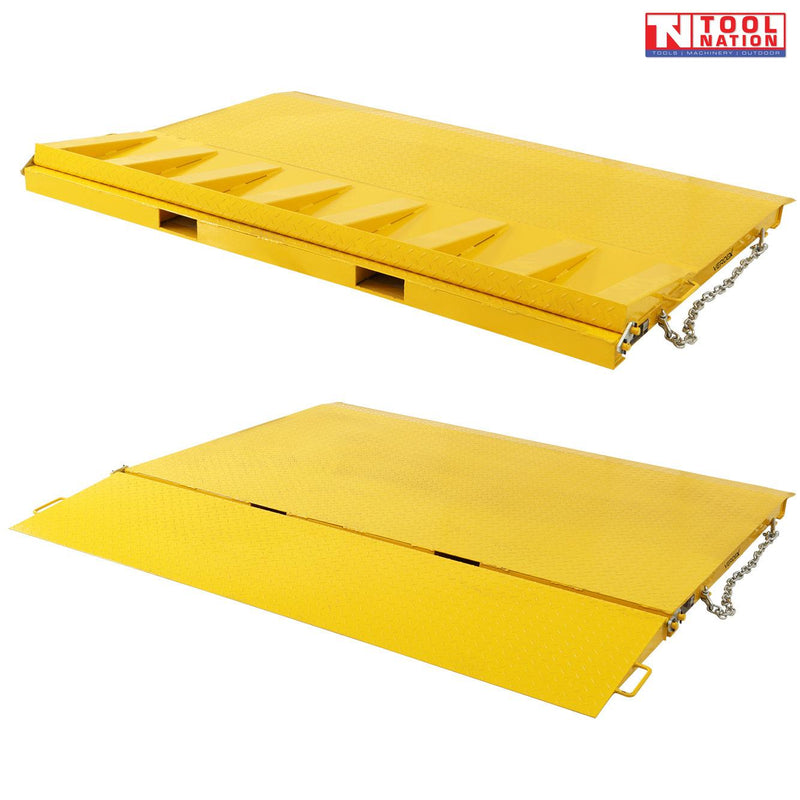 Yellow loading ramp shown in two positions with textured deck plates, rectangular fork pockets, raised sections, handles, chains and Tool Nation logo.