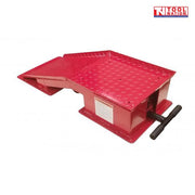 Red steel vehicle ramp shown at an angle with diamond plate surface, side label, base plates, black T-handle and Tool Nation logo.