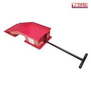 Red steel vehicle ramp shown with diamond plate surface, side label, base plates, extended black T-handle and Tool Nation logo.