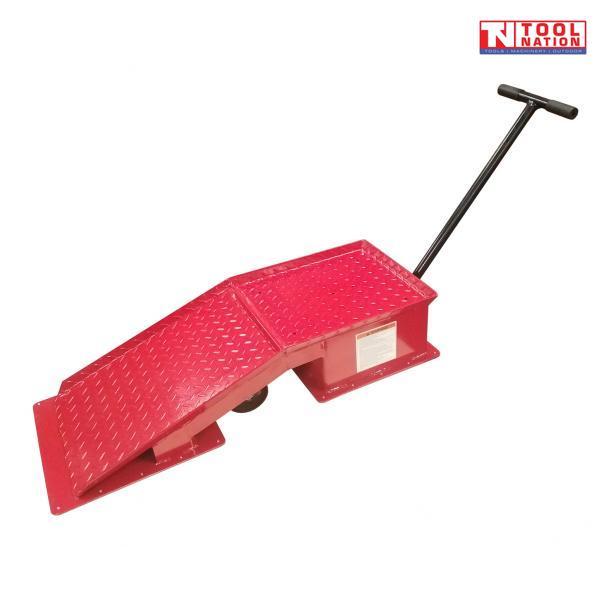 Red steel vehicle ramp shown with diamond plate surface, side label, base plates, raised black T-handle and Tool Nation logo.