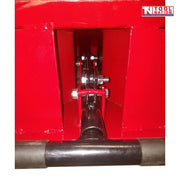 Close-up of a red vehicle ramp showing the black T-handle connection, metal linkage, bolts and Tool Nation logo.
