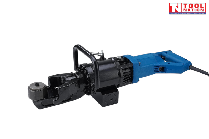 Blue and black electric rebar bender with front bending head, handle, power cord, and logo in the top corner.