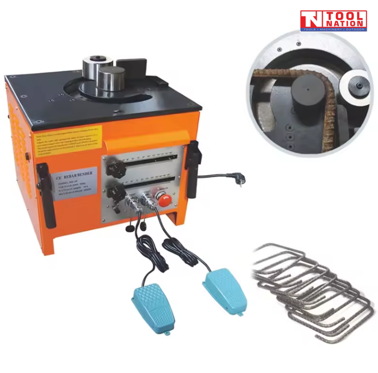 Orange bench-mounted rebar bender with top bending rollers, front controls, blue foot pedals, bent rebar pieces, inset close-up, and logo in the top corner.