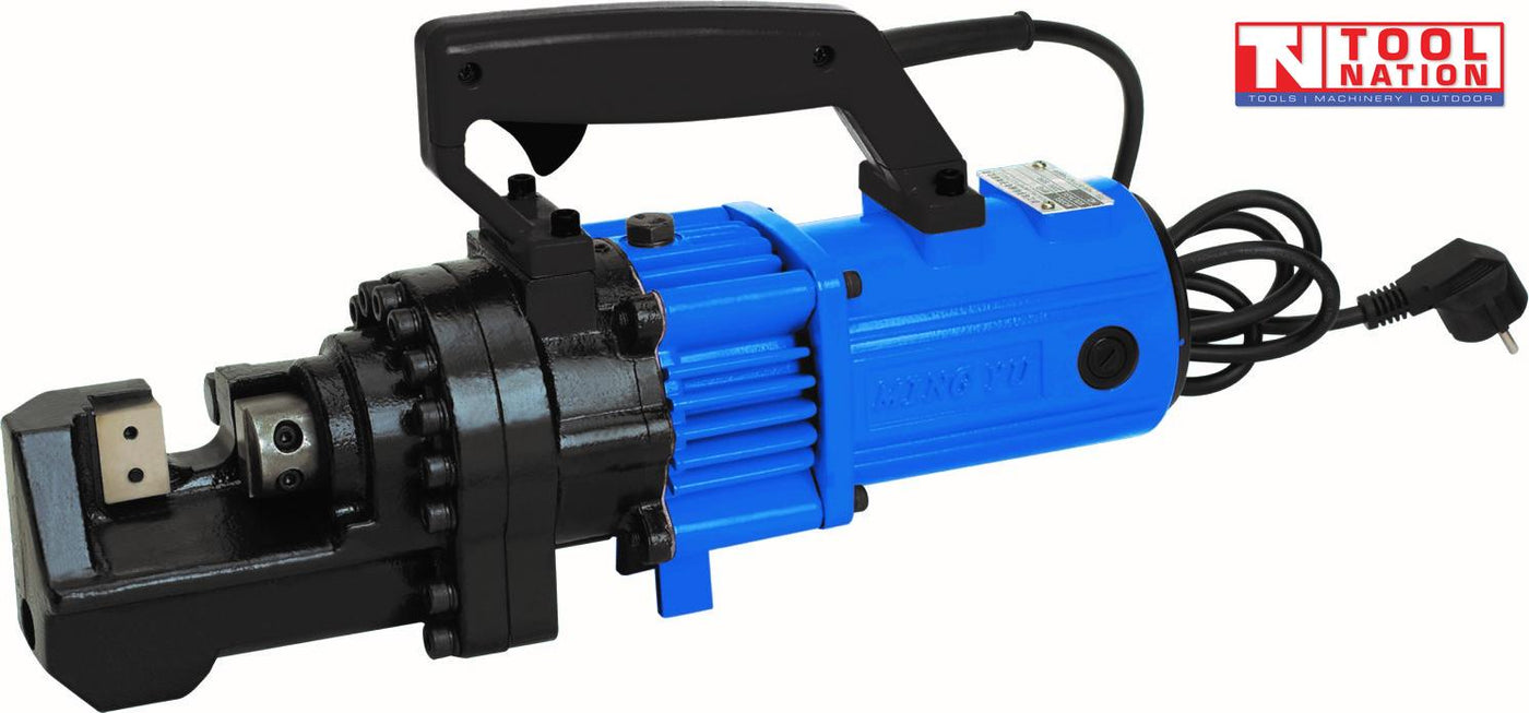 Blue and black electric rebar cutter with cutting head, top handle, power cord, and logo in the top corner.
