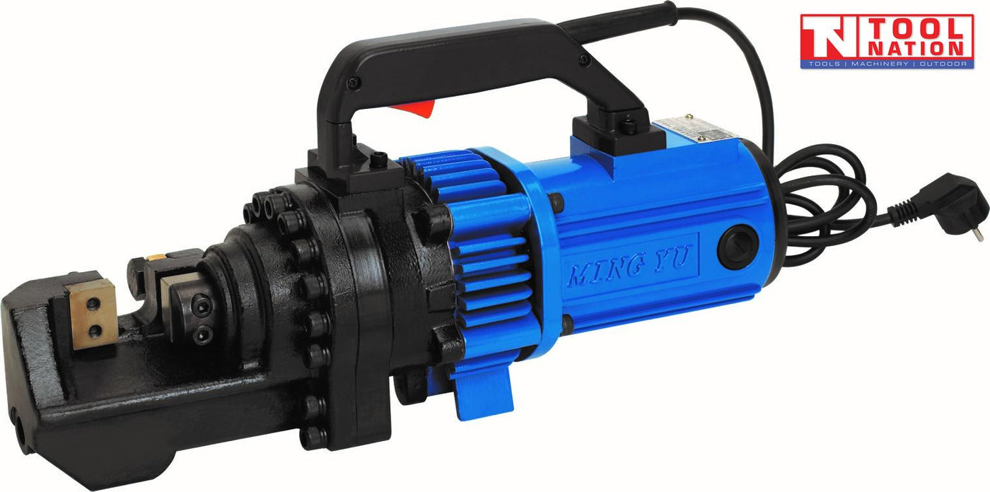 Blue and black electric rebar cutter with cutting head, top handle, power cord, plug, and logo in the top corner.