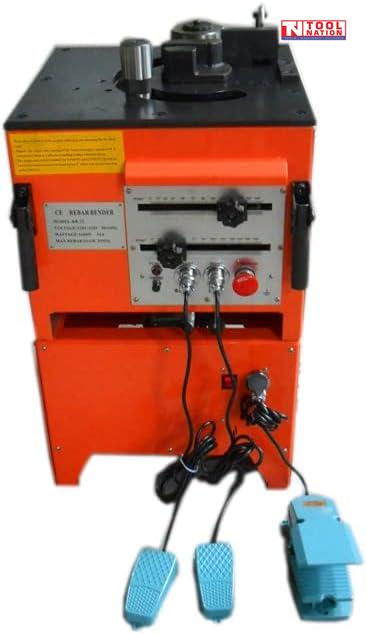 Orange bench-mounted rebar bender and cutter with top bending rollers, front controls, side handles, blue foot pedals, power cords, and logo in the top corner.