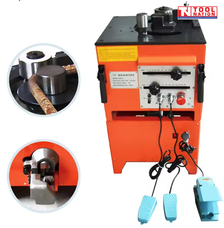 Orange bench-mounted rebar bender and cutter with front controls, blue foot pedals, power cords, top bending rollers, inset close-ups, and logo in the top corner.