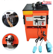 Orange bench-mounted rebar bender and cutter with front controls, blue foot pedals, power cords, top bending rollers, inset close-ups, and logo in the top corner.