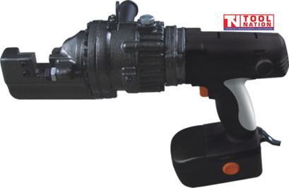Black cordless rebar cutter with cutting head, grip handle, battery pack, and logo in the top corner.