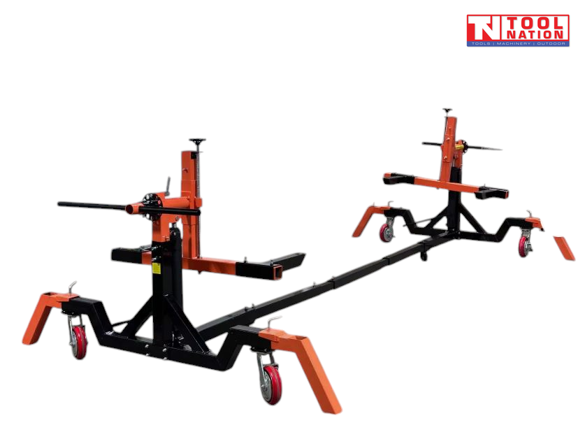Side view of black and orange car rotisserie with extended center beam and castor wheels