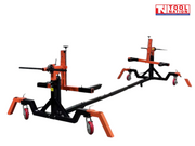 Side view of black and orange car rotisserie with extended center beam and castor wheels
