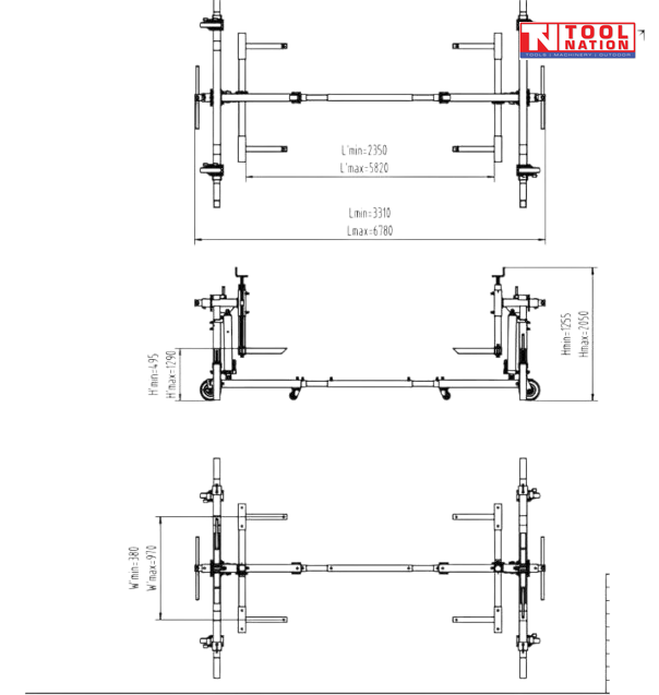 Technical drawing of car rotisserie with top, side, and front views