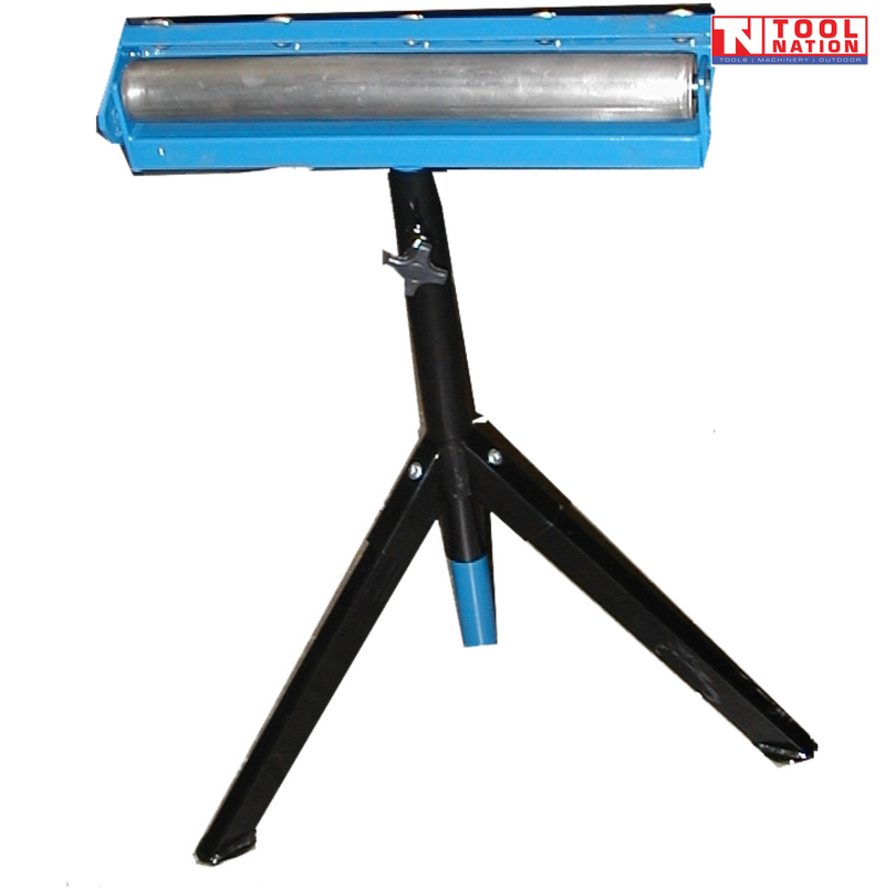 RS1000 versatile workbench stand with adjustable tripod base and steel roller support head for smooth material feeding in workshop applications.
