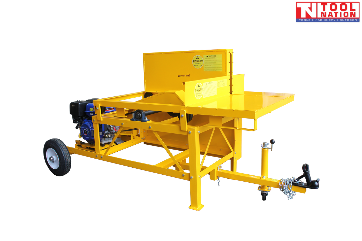 Yellow towable saw bench shown at an angle with a blue and black engine, large frame, cutting table, tow hitch, wheel and Tool Nation logo.