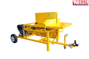 Yellow towable saw bench shown at an angle with a blue and black engine, large frame, cutting table, tow hitch, wheel and Tool Nation logo.