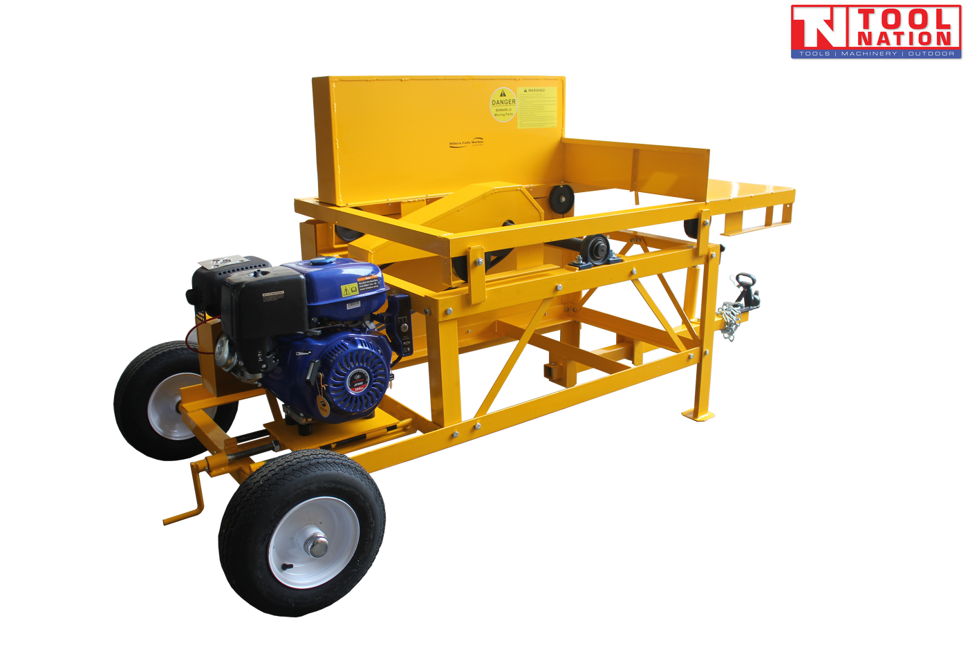Yellow towable saw bench shown at an angle with a blue and black engine, large frame, cutting table, tow hitch, wheel and Tool Nation logo.