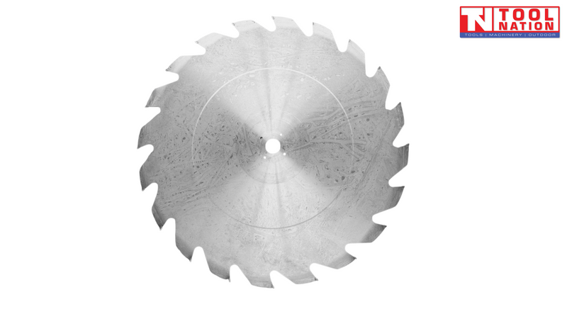 Silver circular saw blade with large teeth, centre hole, circular markings and Tool Nation logo.