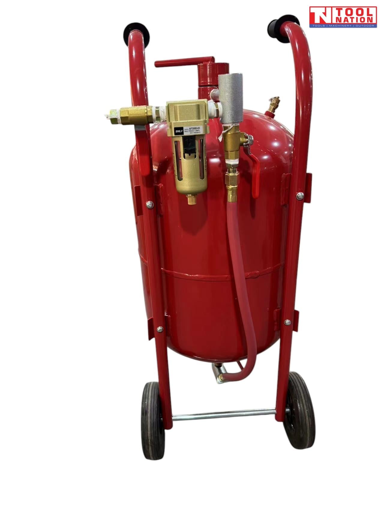 SB250 portable sandblasting cabinet on wheeled frame with hose and blasting gun, mobile abrasive blaster for workshop cleaning and finishing.