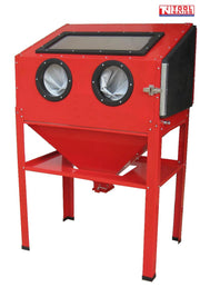 Front angled view of a red sandblasting cabinet with top viewing window, two front glove ports and a closed side access door.