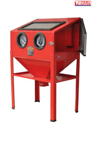 Front angled view of a red sandblasting cabinet with top viewing window, two front glove ports and the side access door open.