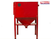 Rear view of a red sandblasting cabinet on four legs, showing the back panel and lower funnel hopper.