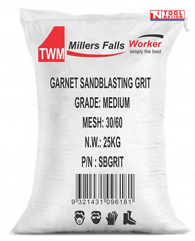 White bag of garnet sandblasting grit with Millers Falls Worker branding, product grade and mesh details, barcode, and safety icons printed on the front.