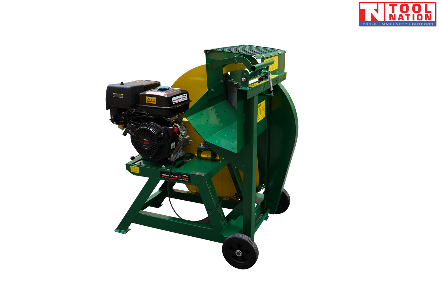 Green and yellow log saw with a black engine, large circular blade guard, cutting cradle, two wheels and Tool Nation logo.