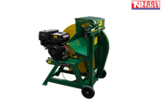 Green and yellow log saw with a black engine, large circular blade guard, cutting cradle, two wheels and Tool Nation logo.