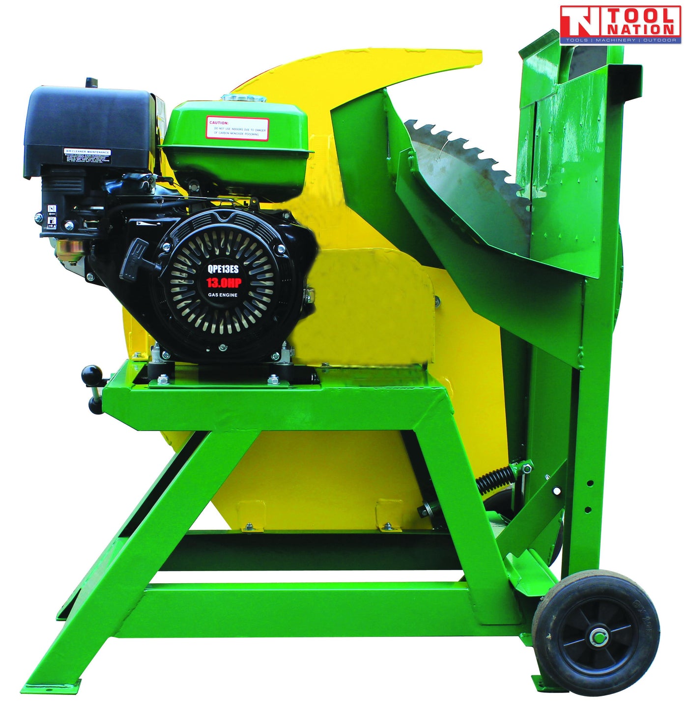 Green and yellow log saw shown from the side with a black engine, circular blade, blade guard, cutting cradle, wheel and Tool Nation logo.