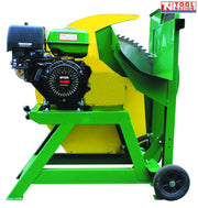 Green and yellow log saw shown from the side with a black engine, circular blade, blade guard, cutting cradle, wheel and Tool Nation logo.