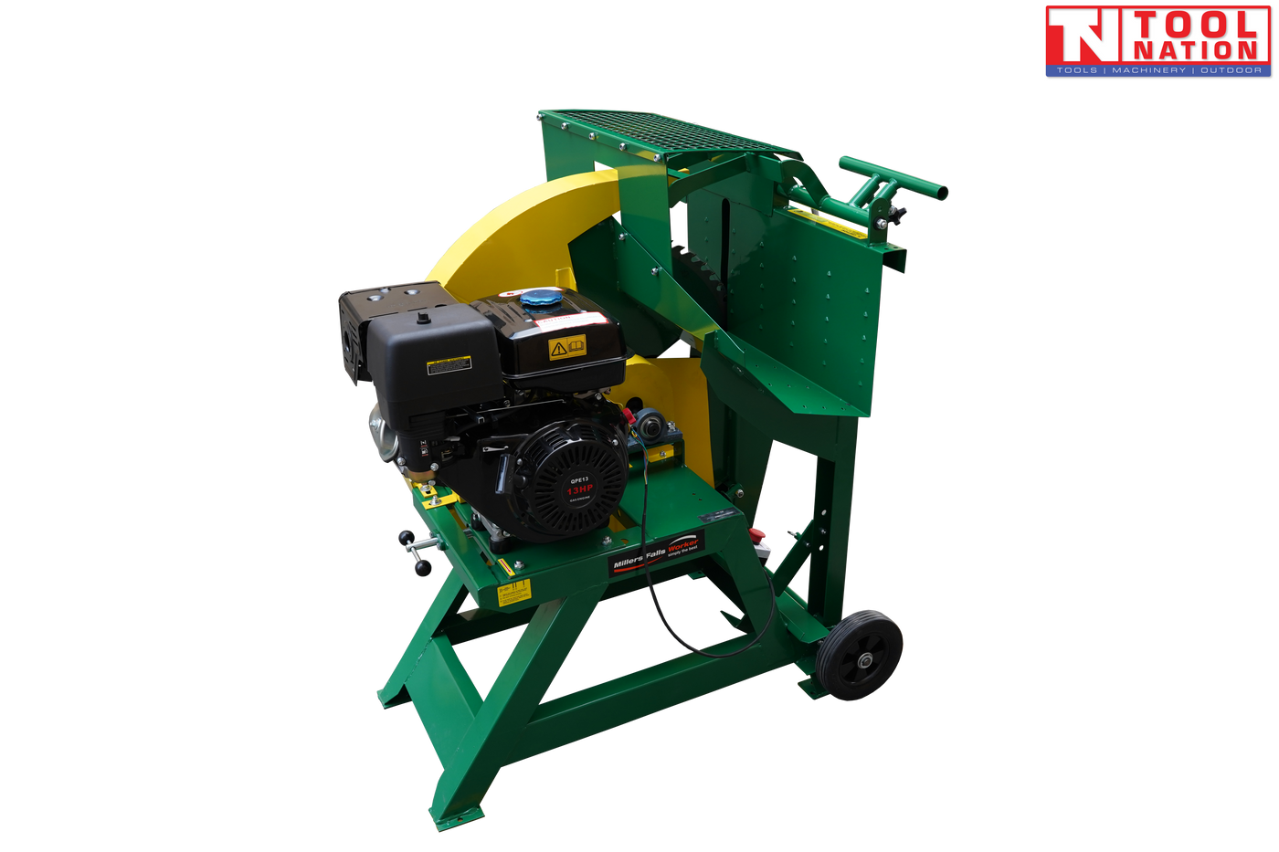 Green and yellow log saw with a black engine, large circular blade guard, cutting cradle, two wheels and Tool Nation logo.