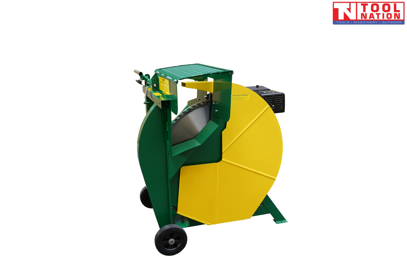 Green and yellow log saw with a black engine, large circular blade guard, cutting cradle and two wheels.