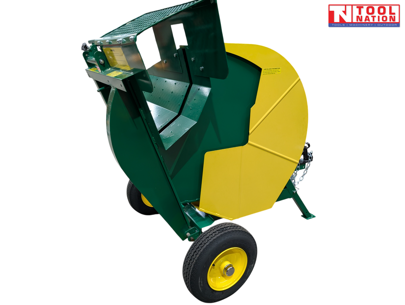 Rear side view of a green and yellow towable saw bench showing the blade guard, cutting cradle, two wheels and Tool Nation logo.