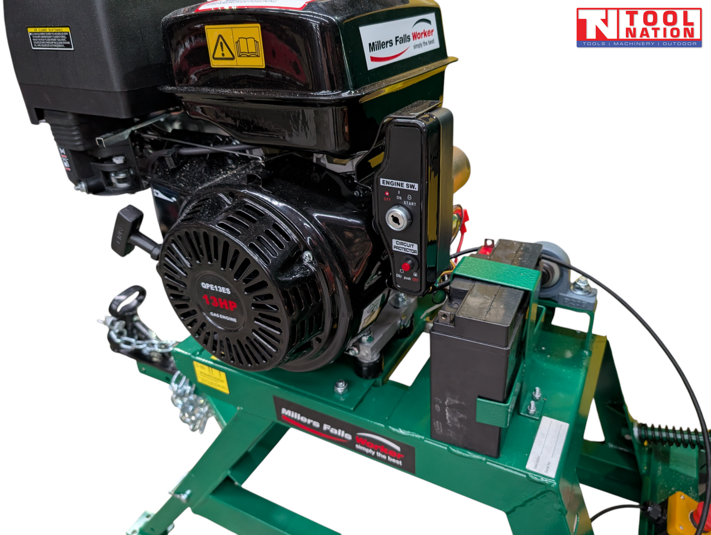 Close-up of a towable saw bench engine area showing a black engine, battery, control panel, green frame, tow hitch and Tool Nation logo.