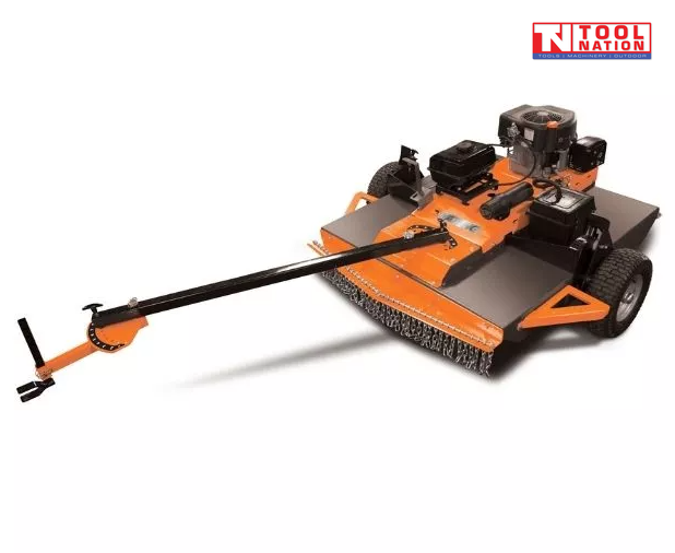 Orange tow-behind mower with a black engine, long tow bar, two tyres, front chain guard and Tool Nation logo.