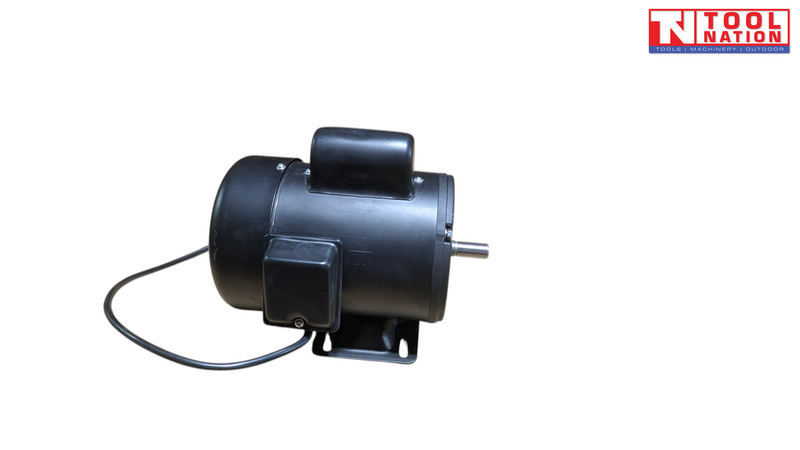 Black electric motor with mounting base, side box, top housing, metal shaft, cable, and logo in the top corner.