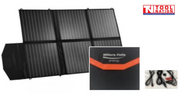 Fold-out portable solar panel blanket with six black solar panels, carry case, close-up of the Millers Falls Energy logo and bundled cables.