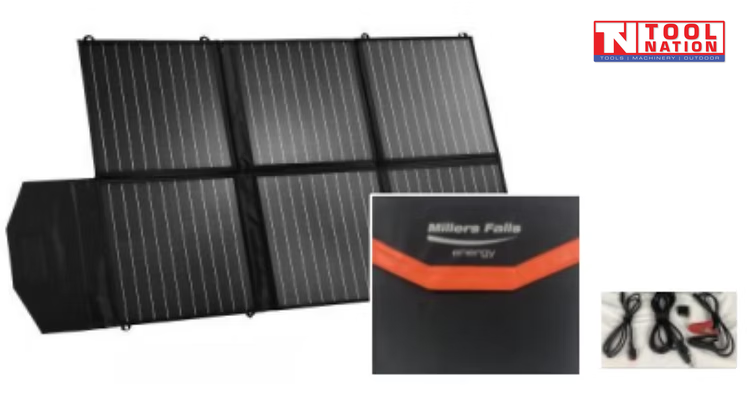 Fold-out portable solar panel blanket with six black solar panels, carry case, close-up of the Millers Falls Energy logo and bundled cables.