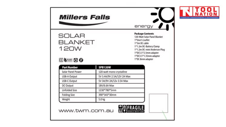 SPB120W solar blanket specification label showing package contents, outputs, unfolded size, folding size and weight.