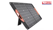 Foldable portable solar panel with two solar panel sections, built-in carry handle and rear support stand.