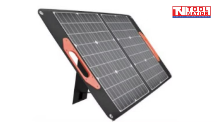 Foldable portable solar panel with two solar panel sections, built-in carry handle and rear support stand.