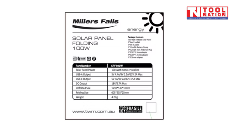 SPF100W solar panel specification label showing package contents, outputs, unfolded size, folding size and weight.