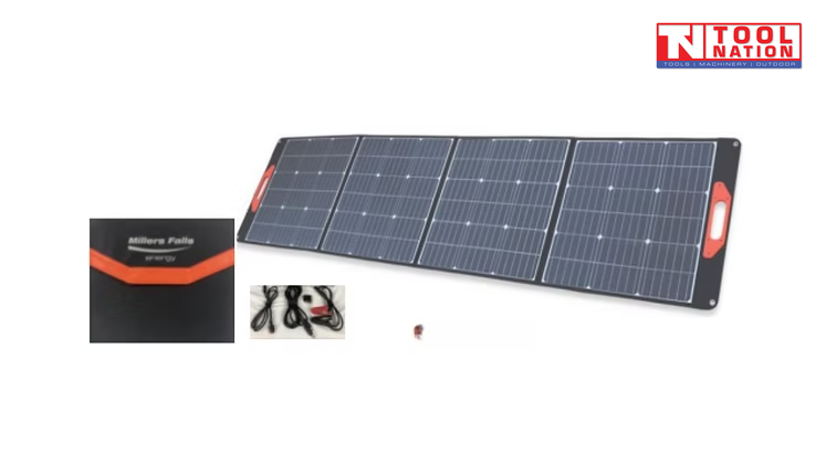 Foldable portable solar panel with four solar panel sections, built-in carry handle and rear support stands.