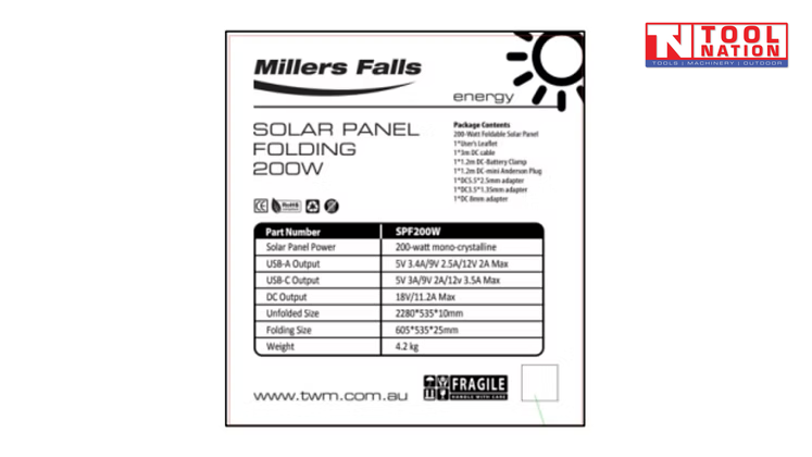 SPF200W solar panel specification label showing package contents, outputs, unfolded size, folding size and weight.